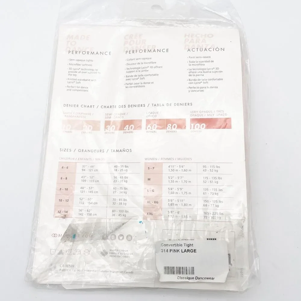 NWT Mondor Ballet Dance Tights Semi-Opaque Pink Convertible Tight Size Large NEW
